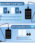 Dual Frequency RFID Copier And Reader For 13.56 MHz And 125 To 500 KHz Cards All In One Do It All Writer showing compatible and non-compatible cards.