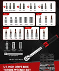 One Quarter Inch Drive Torque Wrench Set With Thirty Two Bit Sockets And Micro Adjustable Click Wrench, tools displayed