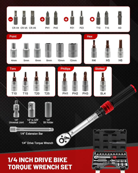 One Quarter Inch Drive Torque Wrench Set With Thirty Two Bit Sockets And Micro Adjustable Click Wrench, tools displayed