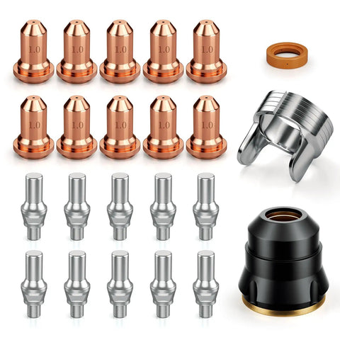 IPT60 Plasma Cutter Torch Consumables Kit, 23 Pieces, 0.040 Inch Aperture, copper and silver components for metal cutting.
