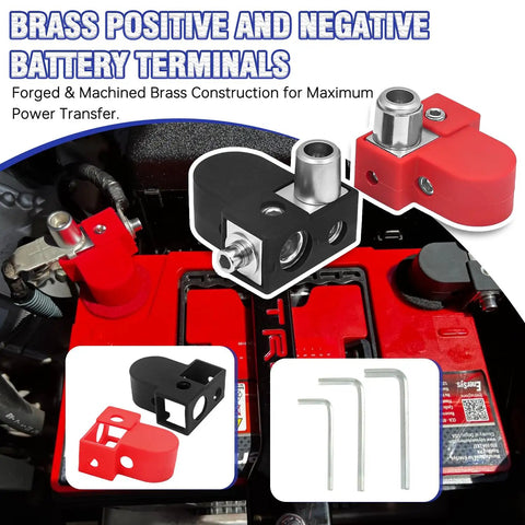 Solid Brass Battery Terminals For Car Audio Upgrades equipped for top or side placement with positive and negative connectors.