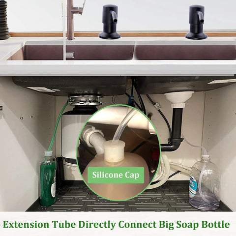 Matte Black Kitchen Sink Soap Dispenser With 47 Inch Extension Tube Kit and 17 Oz Soap Bottle setup under sink