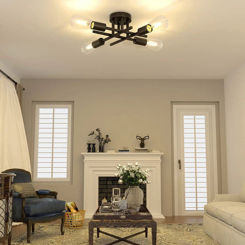 Living room with Industrial Dope 4 Light Flush Mount Ceiling Fixture in Black, modern farmhouse style above seating area