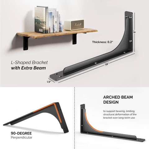 14 Inch L Bracket With Beam Heavy Duty Shelf Brackets Black 300 Pound Capacity Wall Mounted Supports For Floating Shelves DIY Hardware Included Pack Of 4 shown in various angles.