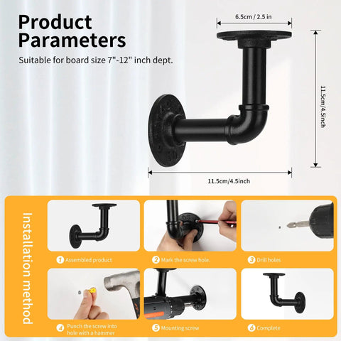 Half Inch Pipe Shelf Bracket Set Of 4 For Wall Mounted Floating Shelves Industrial Rustic Decor Heavy Duty Metal Brackets dimensions and installation guide