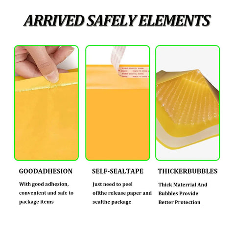 Close-up of Yellow Bubble Mailers 6x9 Inch 100 Pack Padded Self Sealing Envelopes with adhesion, seal tape, and bubbles detail.