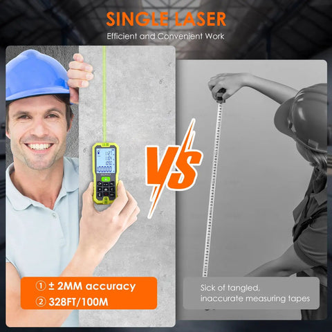 Dope Accurate Laser Distance Meter With 100m Range And Green Beam Backlit LCD Plus Minus 2mm Accuracy Measures Distance Area Volume And Pythagorean Half Second Readings Indoor Outdoor Use One Hand Quick Read For DIYers And Pros on wall vs tape