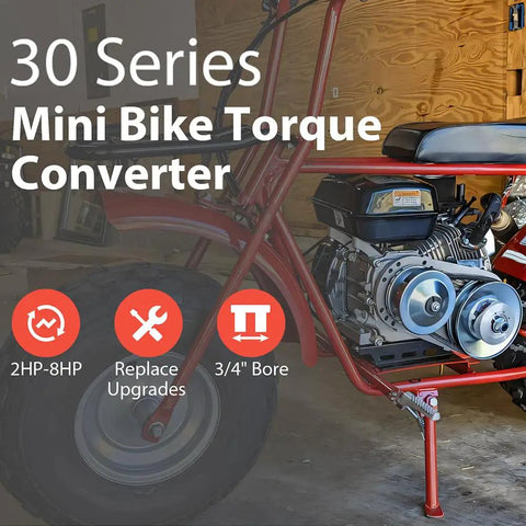 Torque Converter DIY Kit For Go Karts And Mini Bikes With 6.5 HP Engine, 3/4 Inch Drive shown on mini bike in garage