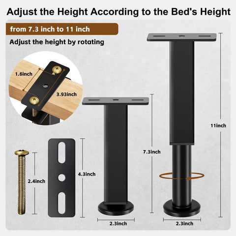 Adjustable metal bed support legs from 7.3 to 11 inches, designed for stable mattress base elevation. Kick Your Saggy Bed Back To Life With Adjustable Metal Bed Support Legs And Heavy Duty Risers Six Piece Kit Reinforces Weak Slat Frames Lifts Mattress Base Seven Point Three To Eleven Inches For Steady Sleep.