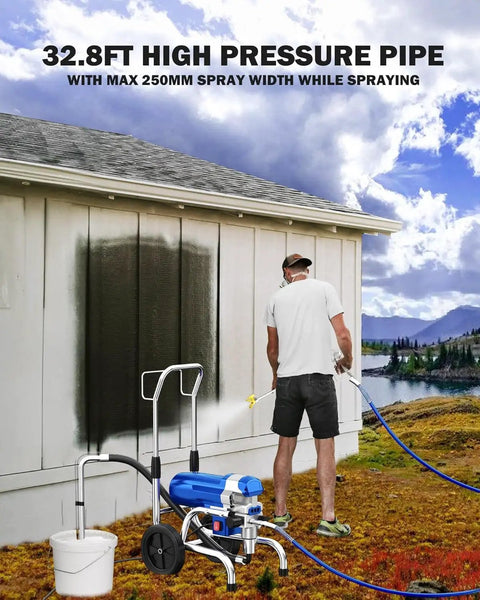 Heavy Duty Airless Paint Sprayer With 1800W Motor And 3800PSI Pressure Zero Hassle Thinning Free Coating Kit With Extension Rod And Wheels For Swift Pro Level Finishing Projects Blue in action spraying a wall.