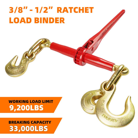 Two Pack Ratchet Load Binder Set 3/8 To 1/2 Inch With 1/2 Inch Grab And Slip Hooks, Designed For 3/8-1/2 Grade 70 Transport Chains
