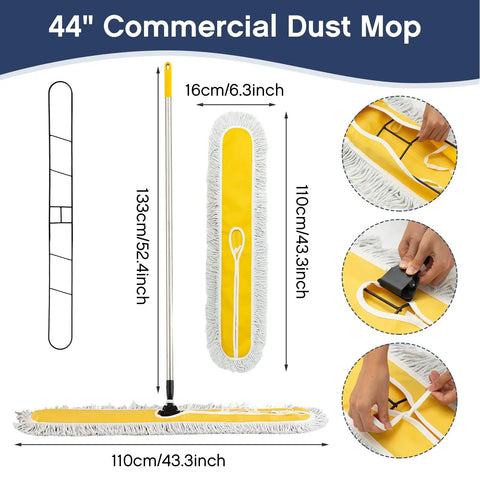 Pro Grade Heavy Duty 2 Pack Industrial Dust Mops With Swivel Heads And Extended Handles for efficient cleaning on floors, measuring 44 inches.