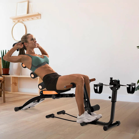 Woman using Ab Workout Bench For Home Gym Adjustable Sit Up Chair With Incline And Decline 12 Plus Exercises Multi Function