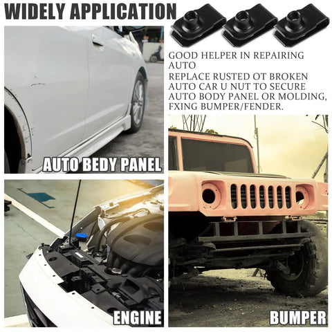 Image showing 25 Pack Black Extruded U Style Spring Nuts For Automotive Fender Bumper And Grill Retainer Clips 1/4-20 Thread in various applications.