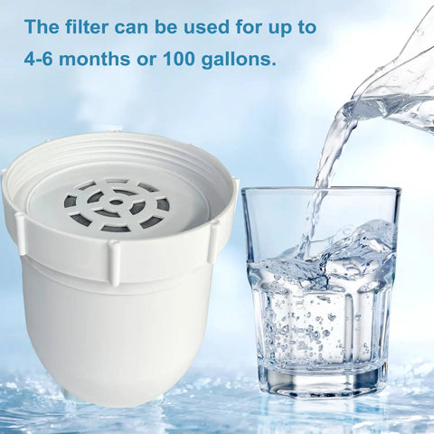 2 Pack Water Filter Replacements For Everyday Water Pitcher, 100 Gallon Service Life, Dual Coconut Shell Activated Carbon Filters Plus Pre Rinse Bag Included next to a glass of water.