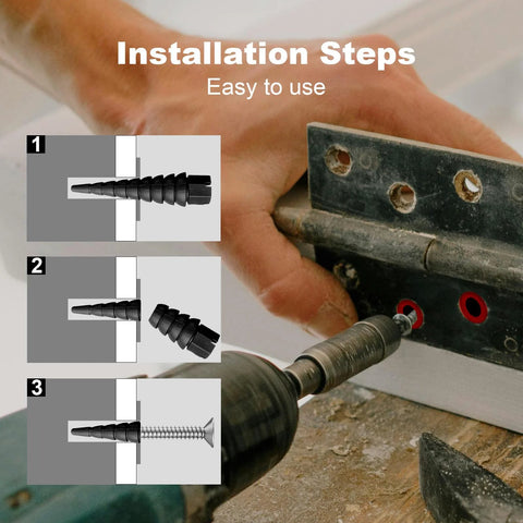 Red 20 Pack Stripped Screw Hole Repair Anchors for Door Hinges and Wood Screws Sizes 2 to 16 installation steps