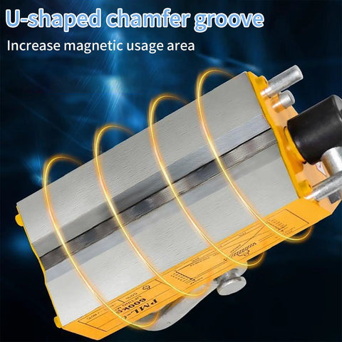 Close-up of Powerful 440 Lb Neodymium Magnetic Lifter With Release Handle And Steel Hook showing U-shaped chamfer groove.