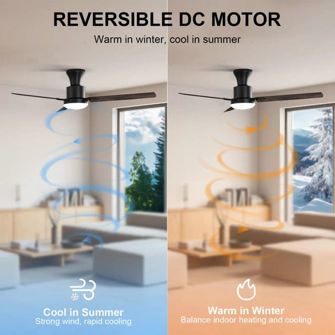 Five Blade Ceiling Fan With Remote And Light Kit For Indoor And Outdoor Use Matte Black Motor Housing With White Glass Lampshade 52 Inch Sloped Ceiling Compatible shown cooling and warming feature