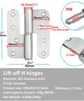 Diagram of Stainless Steel Door Hinges 6 Pack 3.5 Inch H Shape Lift Off Left and Right Hand with Removable Pin showing dimensions and details.