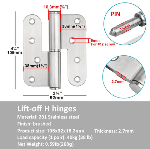 Diagram of Stainless Steel Door Hinges 6 Pack 3.5 Inch H Shape Lift Off Left and Right Hand with Removable Pin showing dimensions and details.