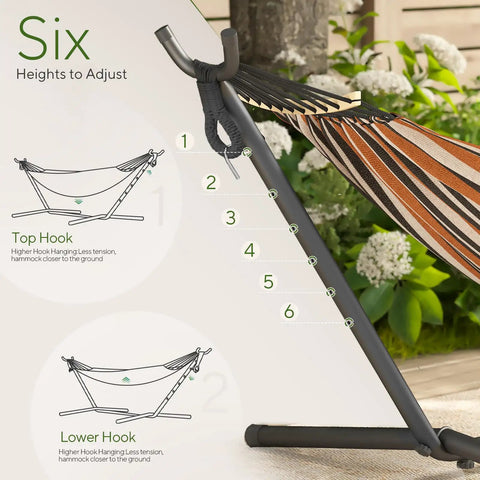 600 Lb Hammock With Stand For Outdoor Or Indoor Use 2 To 3 Person Portable Hammock height adjustment settings shown