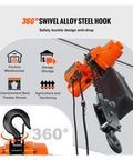 Heavy Duty 2200 Lbs Electric Chain Hoist Single Phase Overhead Lifting Crane With 10 Ft Wired Remote Auto Brake showing 360° swivel alloy steel hook.