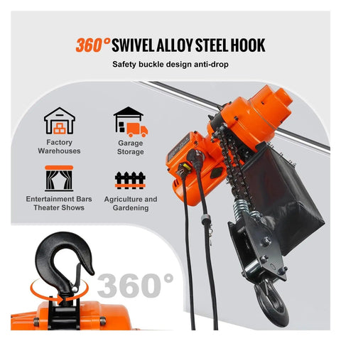 Heavy Duty 2200 Lbs Electric Chain Hoist Single Phase Overhead Lifting Crane With 10 Ft Wired Remote Auto Brake showing 360° swivel alloy steel hook.