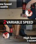 Brushless Cordless Drill Kit With 12V Max Power in use at two variable speeds on wooden surfaces