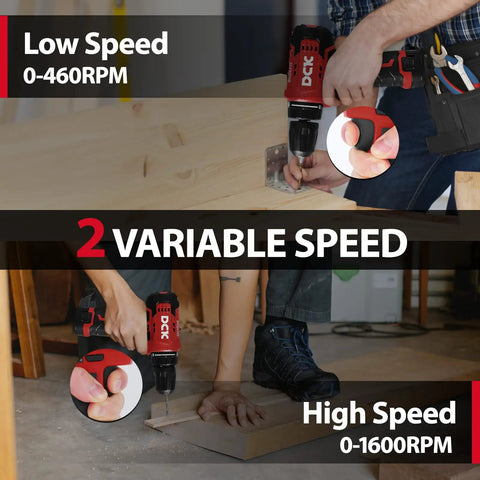 Brushless Cordless Drill Kit With 12V Max Power in use at two variable speeds on wooden surfaces