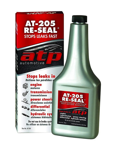 AT-205 Re-Seal Stops Leaks 8 Ounce Bottle 2 Pack, silver bottle and packaging, for engines, transmissions, power steering.