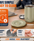 Gotta Have This Self Stirring Heated Coffee Mug With 10 Oz Auto Magnetic Mixing Cup Sage Green on a desk with detachable base and steaming coffee.