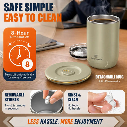 Gotta Have This Self Stirring Heated Coffee Mug With 10 Oz Auto Magnetic Mixing Cup Sage Green on a desk with detachable base and steaming coffee.