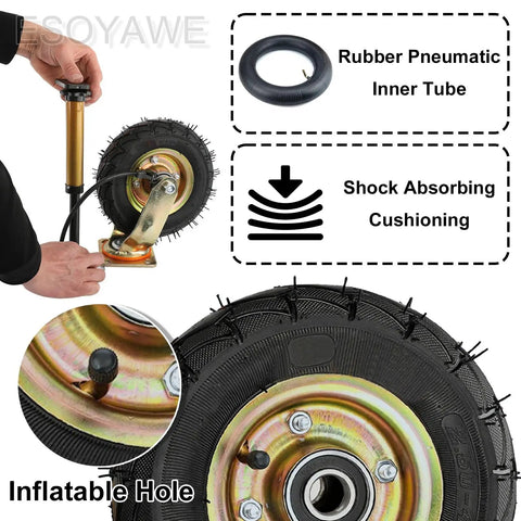 Heavy Duty Industrial Caster Wheels 4 Pack Pneumatic Rubber Tires with shock absorbing inner tube and inflatable hole.