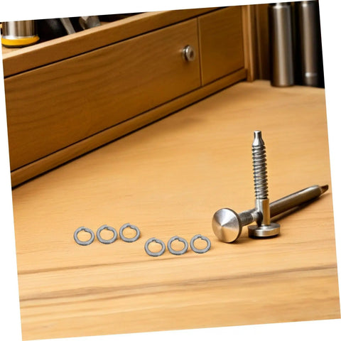 Hella Tough Stainless Steel Spring Lock Washers Assortment Kit With 100 Heavy Duty Fasteners on wooden surface with screws and nuts.