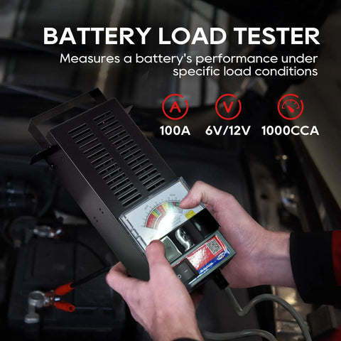6V And 12V Battery Load Tester For Cars, Motorcycles, RVs, Boats And ATVs, 100 To 1000 CCA Range, Portable 100A Battery Tester With Rubber Handle For Easy Transport And Quick Battery Health Check, black metal unit with analog gauge
