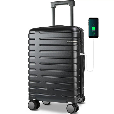 Hard Shell Carry On Luggage With Spinner Wheels Expandable 21 Inch Cabin Suitcase Airline Approved Built In TSA Lock Black