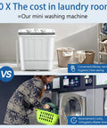 Compact Portable Washing Machine Featuring Heavy Duty Motor And Rapid Clean Cycle With Free Drying Rack in laundry comparison image.
