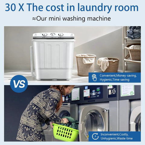 Compact Portable Washing Machine Featuring Heavy Duty Motor And Rapid Clean Cycle With Free Drying Rack in laundry comparison image.