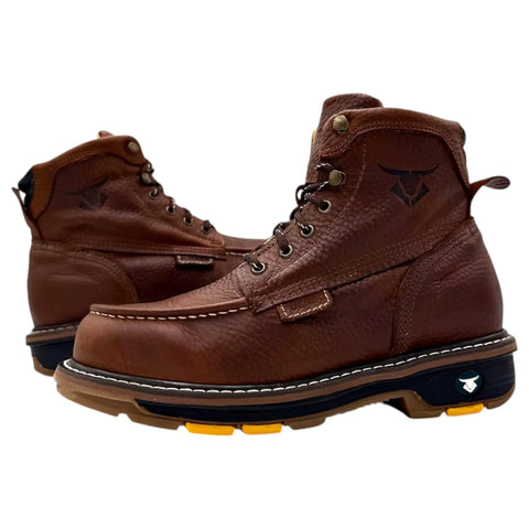 Side view of Six Inch Moc Toe Work Boots For Men In Ocre Brown Full Grain Leather, Oil Resistant, Slip Resistant Traction, Soft Toe