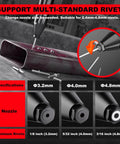 Cordless Rivet Gun For 18V Batteries Brushless Blind Riveter Kit showing nozzle sizes for 1/8, 5/32, and 3/16 inch rivets