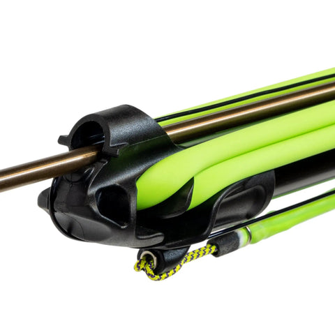 Close-up of Explorer 75cm Performance Speargun with aluminum barrel and easy stretch bands