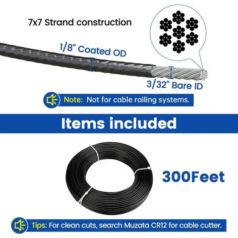 300ft Black Vinyl Coated Wire Rope 3/32 Inch Bare Core Overmolded To 1/8 Inch Stainless Steel Aircraft Cable 7x7 Strand