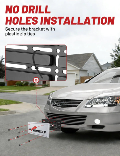 Front License Plate Bracket Holder Frame Universal Fit For Cars Trucks Vans And SUVs With 6 Screws And Wrench Kit Black Easy Mount No Fuss Install For A Clean Look installed on a car without drilling.