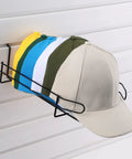 Four Piece Metal Hat Display Racks For Slat Wall Measuring 13 By 7.9 By 3.8 Inches, ideal for organizing hats on wall shelves.
