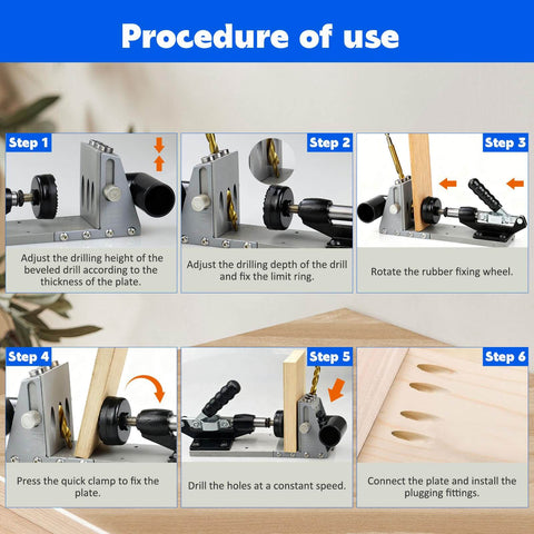 Pro Grade Pocket Hole Jig Kit With Dust Collection steps for drilling joints, showing adjustable features and easy setup instructions.