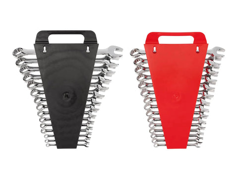 30 Piece Combination Wrench Set With Inch And Metric Wrenches, Angled Open End, Durable Holder Included, in black and red holders