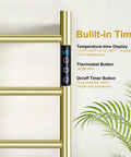 4 Bar Brushed Gold Heated Towel Warmer Rack With Built-In Timer, stainless steel wall-mounted with LED display and controls.
