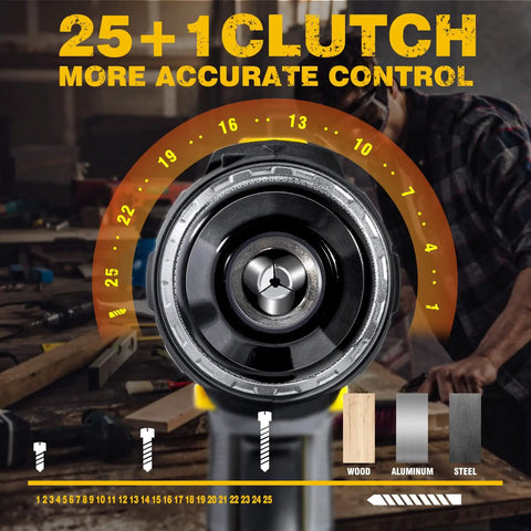 Image showing 25+1 clutch settings of a 20V Cordless Drill Kit All In One With 2x 2.0Ah Batteries And Charger Half Inch Metal Keyless Chuck