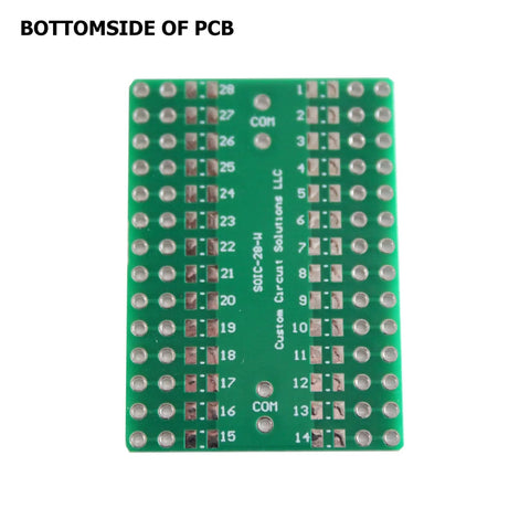 Bottom view of SMD To DIP Breakout PCB Module With SOIC 28 To DIP Adapter, showing dual row header and integrated components.