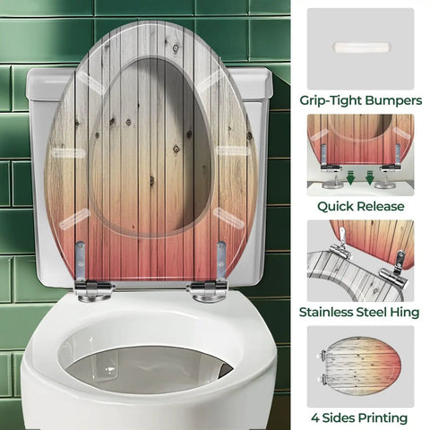 Elongated Quiet Close Toilet Seat for Bathroom with wood design, stainless steel hinge, and quick release features.